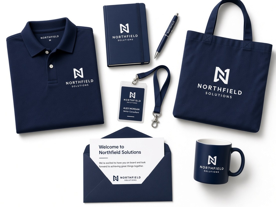 Employee welcome kit with notebook, mug, and tote