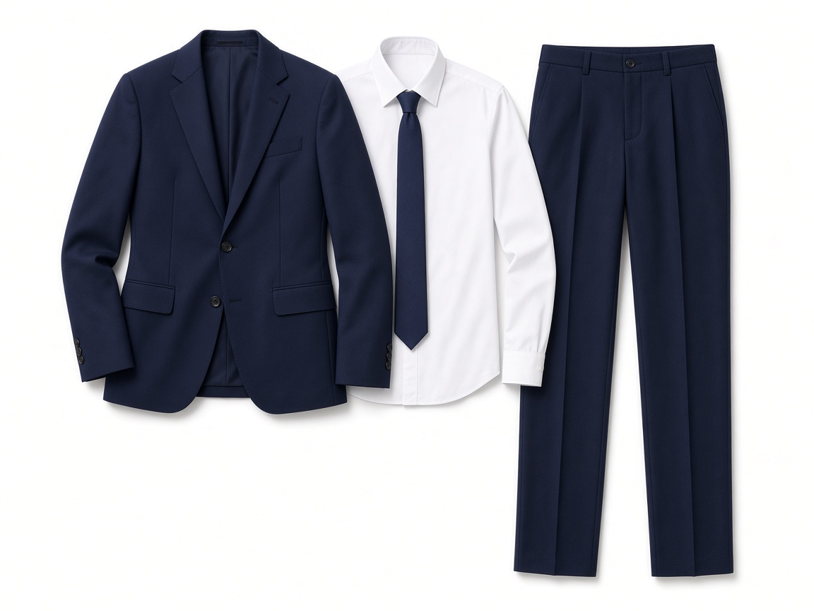 Corporate office uniform: navy blazer, shirt, and trousers