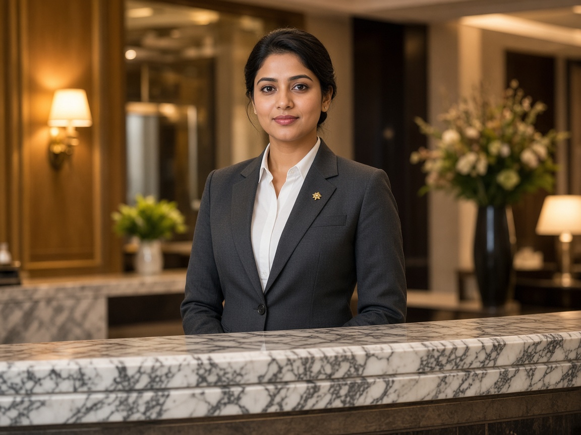 Hotel front desk staff in a tailored uniform blazer
