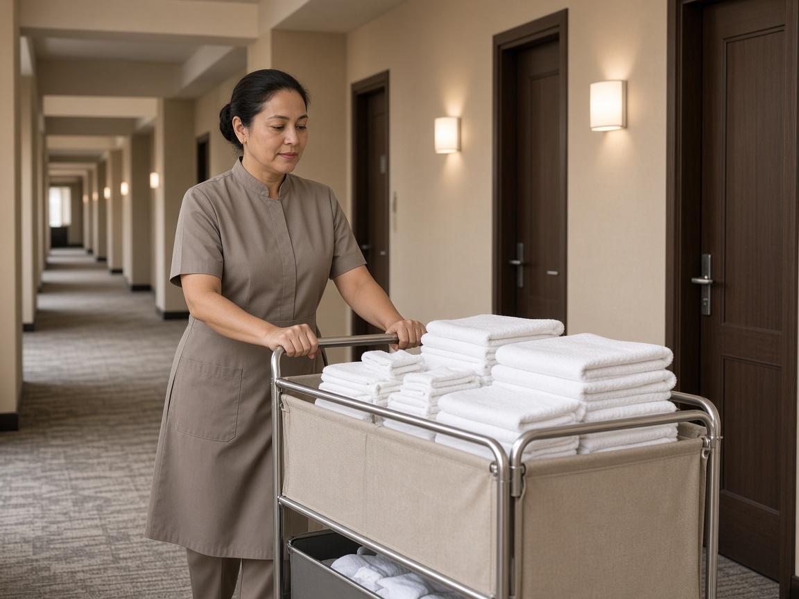 Hotel housekeeping uniform with linen cart