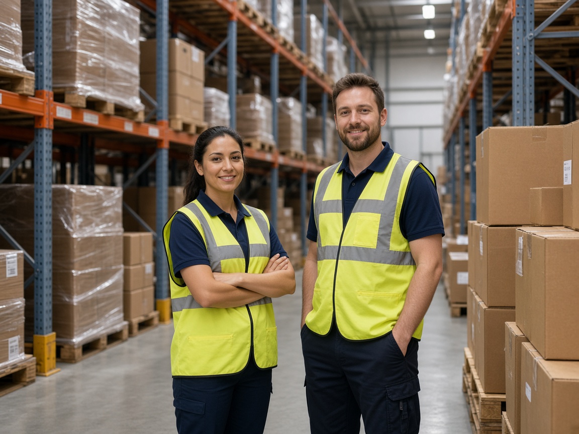 Warehouse staff in navy polos and high-visibility vests