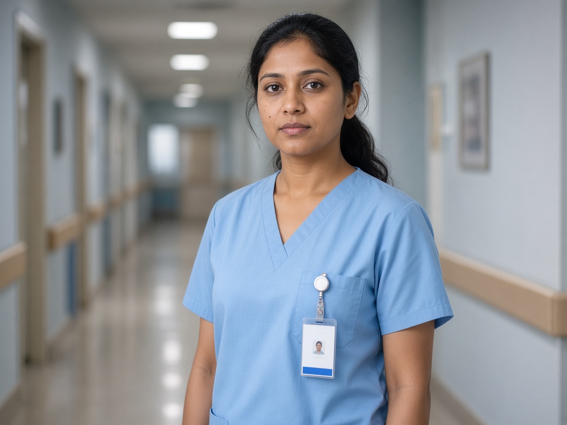 Nurse wearing clinical scrubs in a hospital corridor