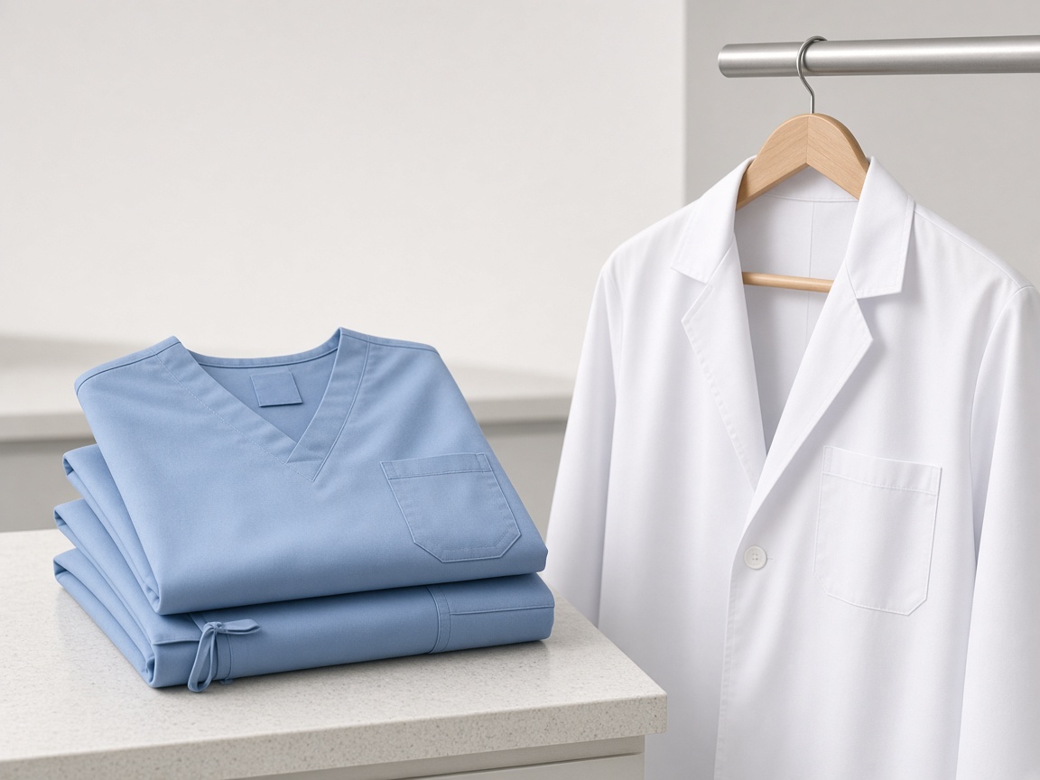 Folded medical scrubs and a lab coat