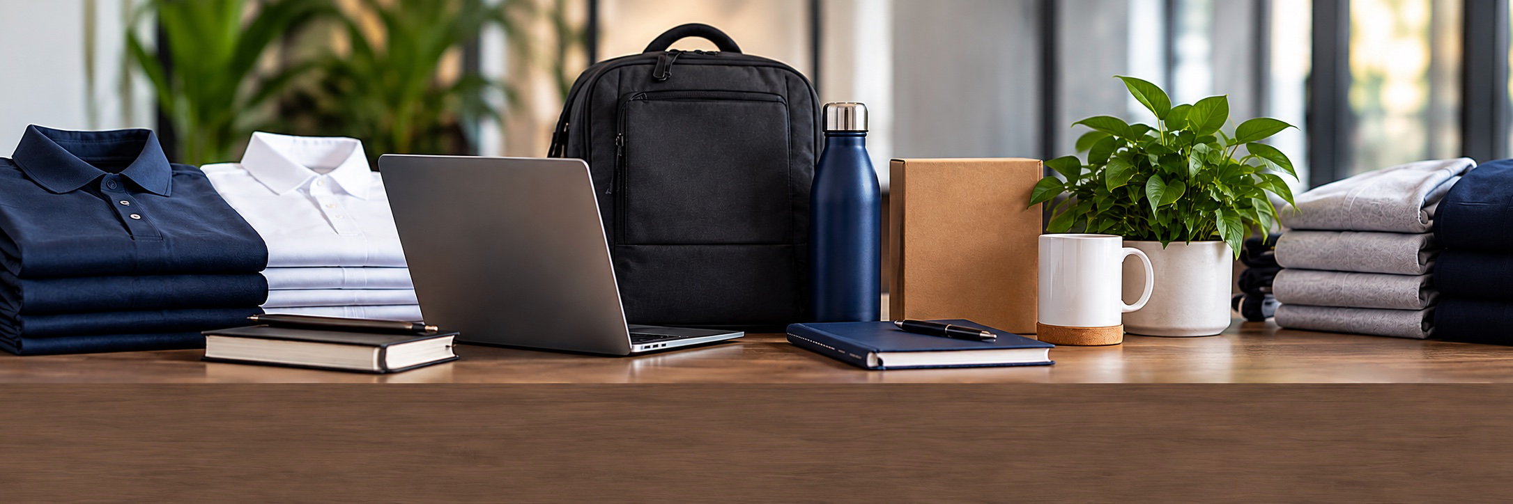 Corporate apparel and workplace products arranged for business procurement.