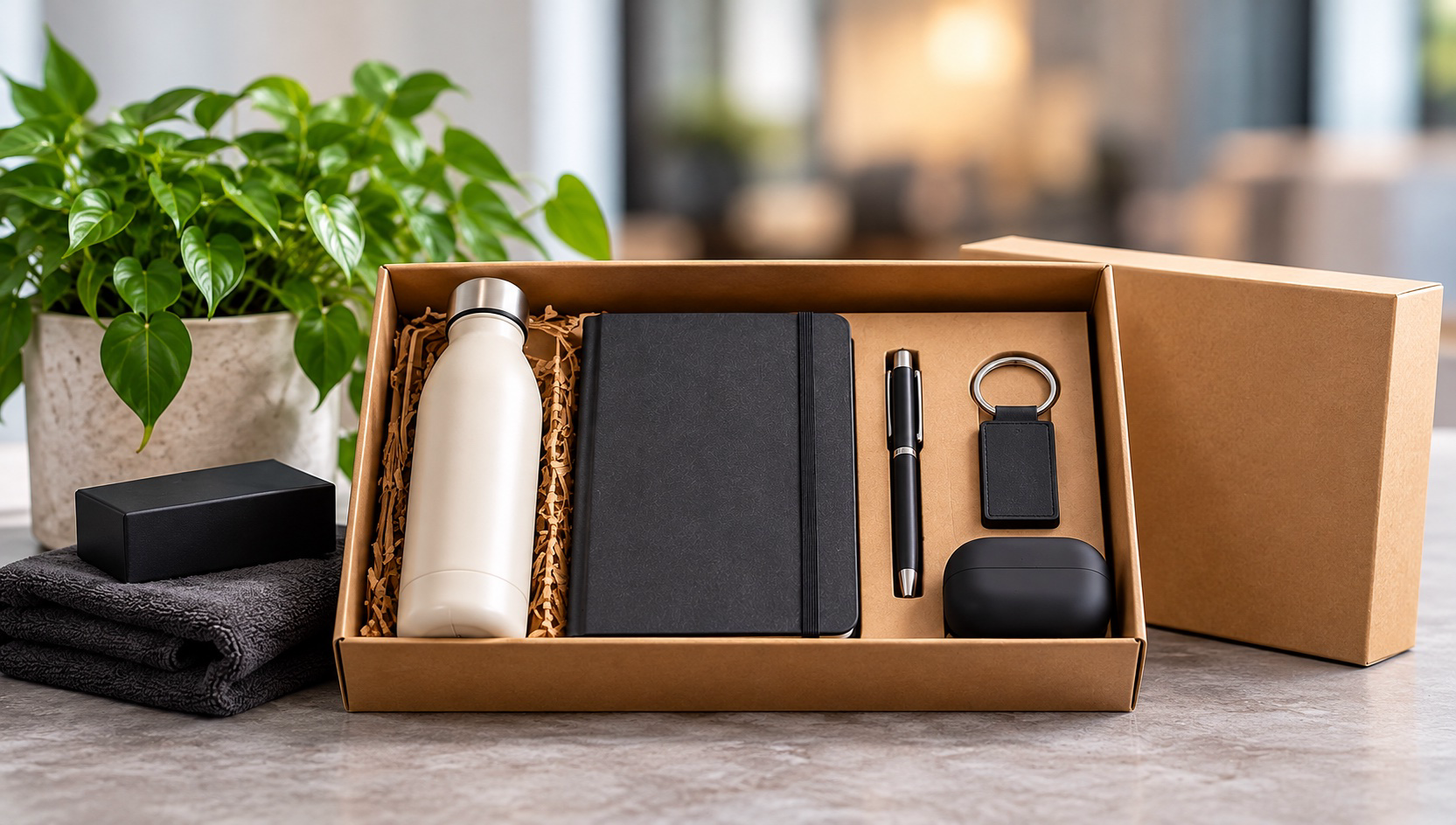 Unbranded employee welcome kit with a bottle, notebook and accessories.
